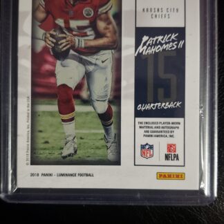 2018 Luminance Gold 5/10 Patrick Mahomes II Autograph Player worn material. 2 jtimes superbowl winner. Card # AJ-PM