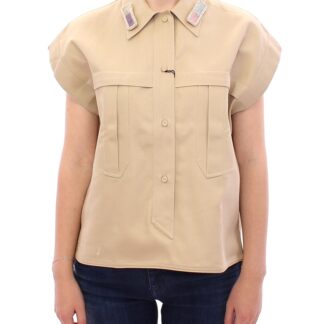 ANDREA INCONTRI Sleeveless Beige Cotton Tank Top with Brooches