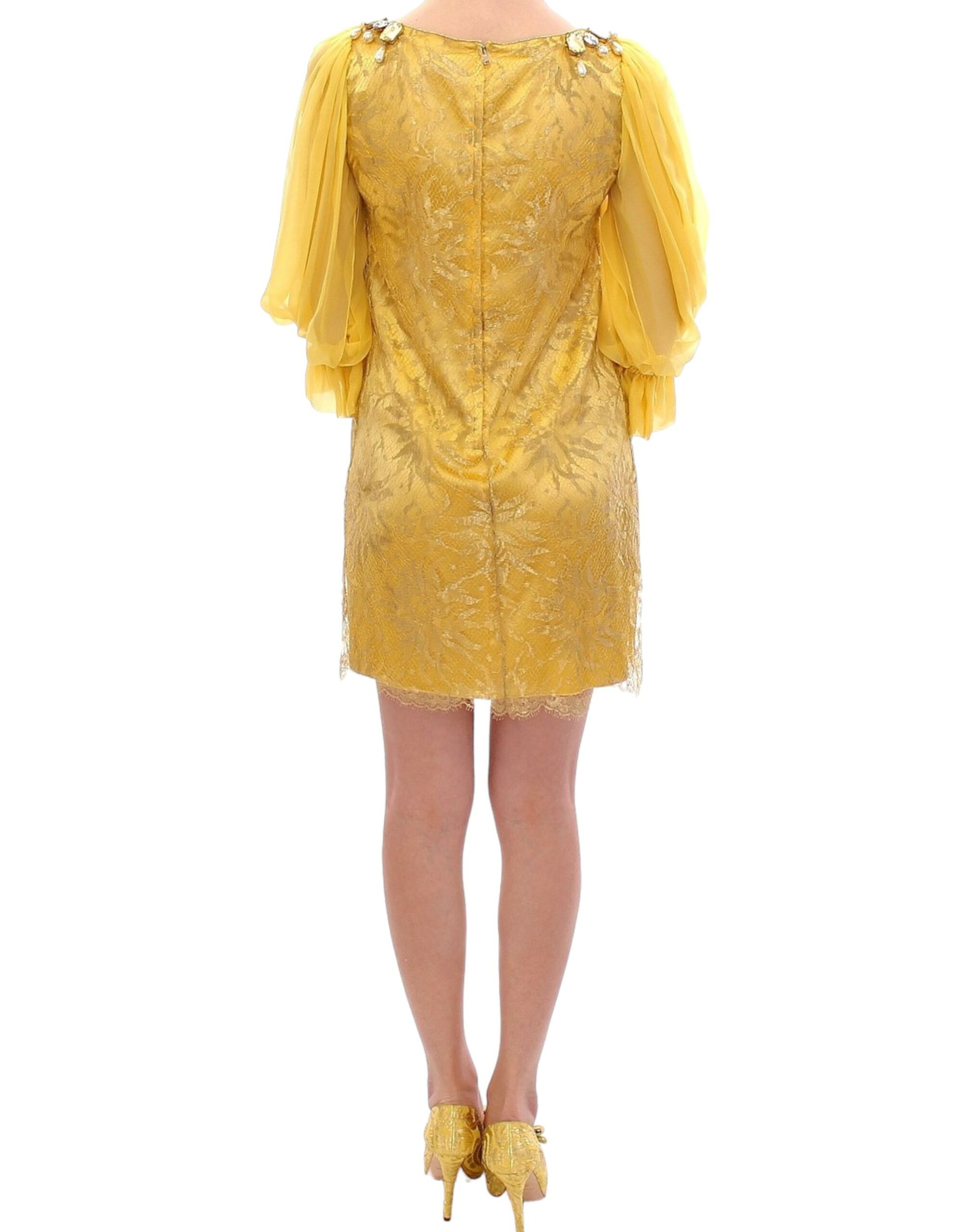 DOLCE & GABBANA Yellow Lace Crystal Mini Dress - Image 3