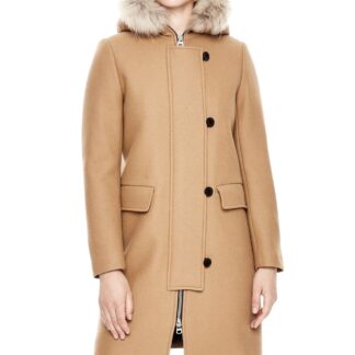 SANDRO Camel Kurt Wool Coat Fur Trim Hood