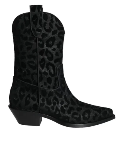 Dolce & Gabbana BLACK GRAY LEOPARD COWBOY BOOTS SHOES